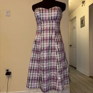 Le Chateau Y2K Strapless Plaid Dress in Black, White, and Purple